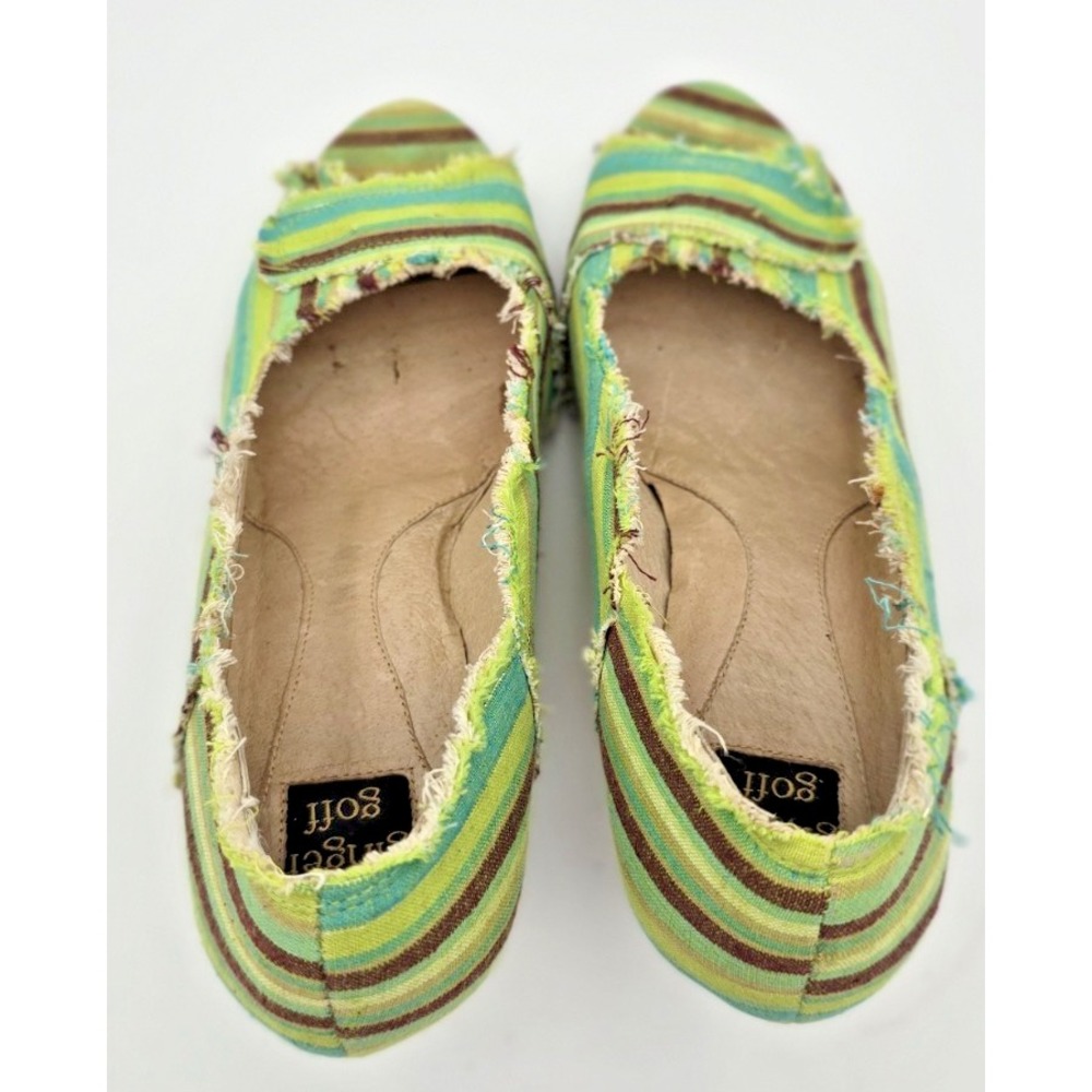 Ginger Goff Peep Toe Heels 7 Women's‎ Green Striped Frayed Wooden 3" Heels Boho - Picture 11 of 11
